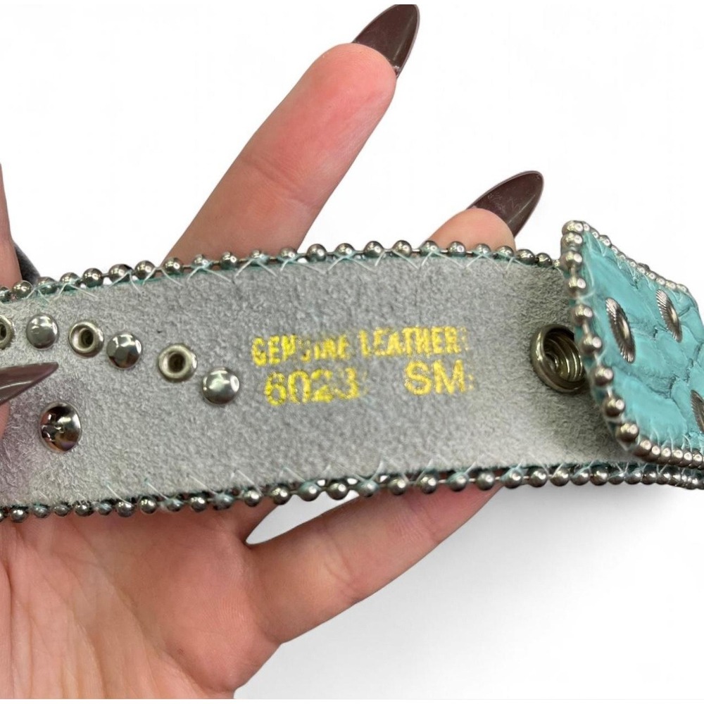 Western Teal Alligator Leather Belt Silver Stud Crystal Rhinestone Conchos Small - Picture 4 of 8